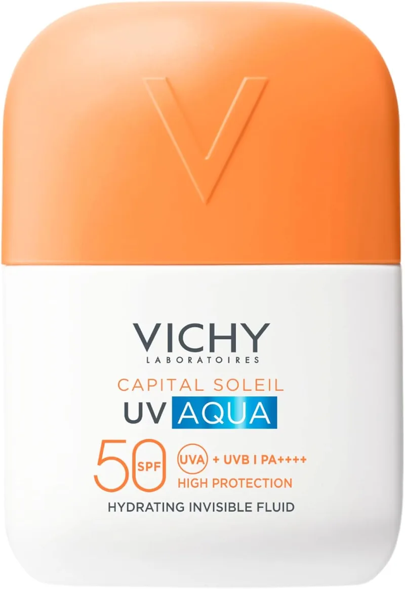 VICHY ▫️ UV Aqua Fluido Hidratante Invisível SPF50, para todos os tipos de pele, com complexo anti-perda de água, vitamina CG, vitamina E e glicerina, 50 ml