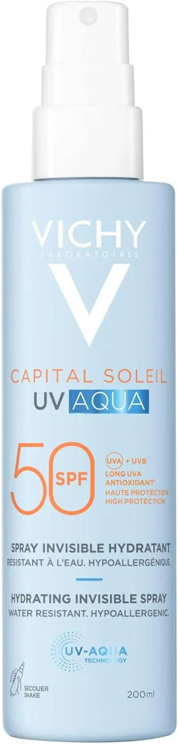 VICHY ▫️ UV Aqua Spray Hidratante Invisível SPF50, indicado para peles sensíveis, enriquecido com beta-caroteno, vitamina E, 200 ml
