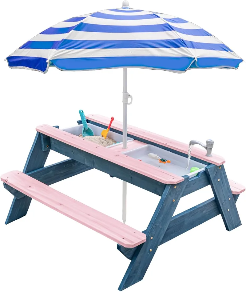 K LUCKIDS ▫️ Kids 3 em 1 - Mesa de piquenique convertível para exterior com guarda-sol, 2 caixas de brinquedos, tampo amovível, mesa com torneira para exterior (rosa/azul-marinho)
