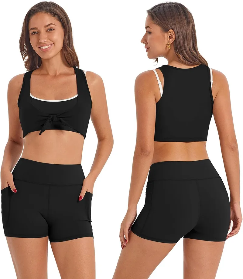 IDOPIP ▫️ Conjunto desportivo de 3 peças para mulher, com sutiã desportivo, calções com bolsos e fato de treino, ideal para fitness, ioga, pilates e treino
