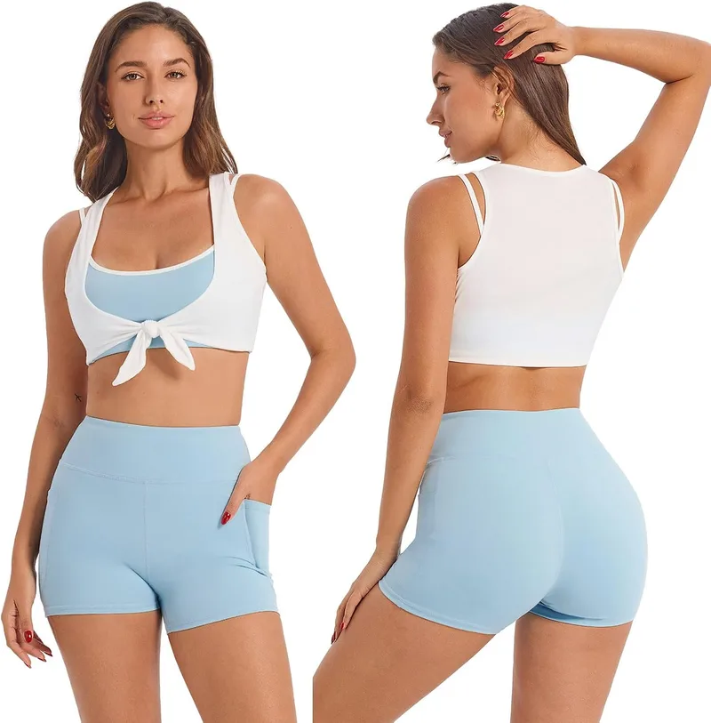 IDOPIP ▫️ Conjunto desportivo de 3 peças para mulher, com sutiã desportivo, calções com bolsos e fato de treino, ideal para fitness, ioga, pilates e treino