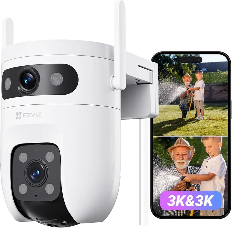 EZVIZ ▫️ Câmara de vigilância exterior C9C 3K com lente dupla (5MP+5MP), cobertura de 360°, visão nocturna a cores, deteção de pessoas e veículos por IA, áudio bidirecional, compatível com Alexa