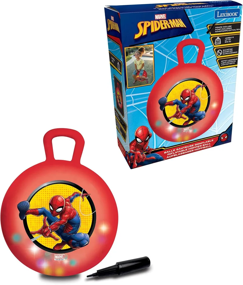 LEXIBOOK ▫️ Homem-Aranha, Bola Saltitante Inflável, BG040SPLXB | Bola luminosa colorida, bomba manual incluída, plástico resistente e seguro, vermelho