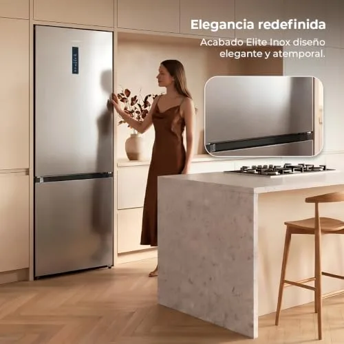 Cecotec ▫️ Frigorífico Combi Total NoFrost 405 L, modelo Bolero CoolMarket Combi 405 WL Elite Inox, com 200 cm de altura, 60 cm de largura, Classe D, MetalFlex Cooling, Fresh Flex, interior em Elite Grey, aço inoxidável 5