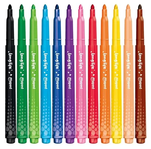 Maped ▫️ Color'Peps Long Life - Estuche com 12 marcadores laváveis, ponta bloqueada anti-afundamento super-resistente, não secam sem tampa (até 1 semana), cores brilhantes, material escolar 2