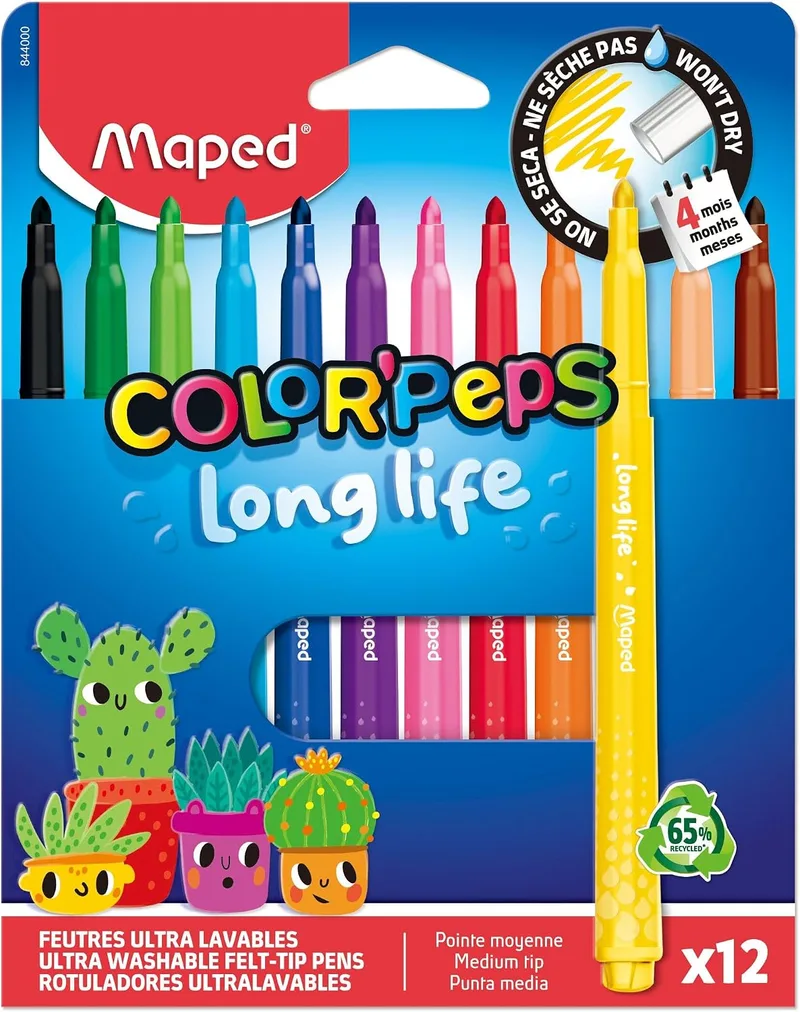 Maped ▫️ Color'Peps Long Life - Estuche com 12 marcadores laváveis, ponta bloqueada anti-afundamento super-resistente, não secam sem tampa (até 1 semana), cores brilhantes, material escolar
