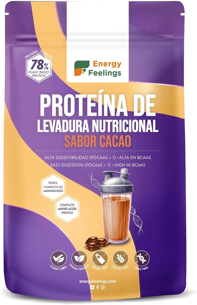 Energy Feelings ▫️ Proteína de Levedura Nutricional em Pó, Sabor Cacau, 500 g, Proteína Vegana, Sem Lactose e Sem Glúten para o Desenvolvimento da Massa Muscular, com Todos os Aminoácidos Essenciais, Proteína Vegana em Pó