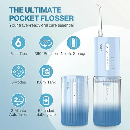 OOZZ ▫️ Irrigador oral de viagem, irrigador oral de bolso sem fios, 5 modos de pressão, 6 pontas de jato, design compacto recarregável por USB (Azul Degradê) 4