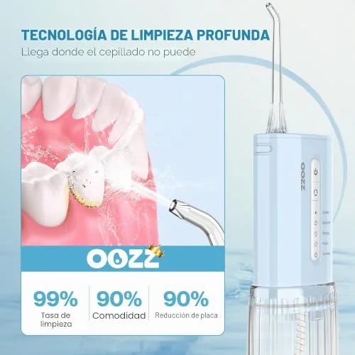 OOZZ ▫️ Irrigador oral de viagem, irrigador oral de bolso sem fios, 5 modos de pressão, 6 pontas de jato, design compacto recarregável por USB (Azul Degradê) 5
