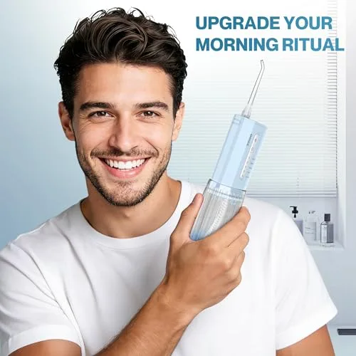 OOZZ ▫️ Irrigador oral de viagem, irrigador oral de bolso sem fios, 5 modos de pressão, 6 pontas de jato, design compacto recarregável por USB (Azul Degradê) 6