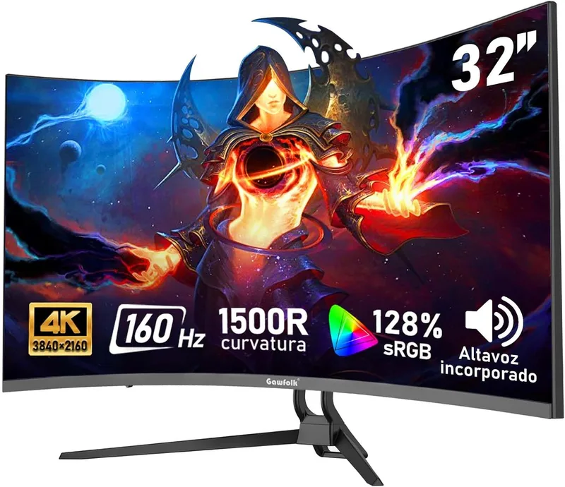 Gawfolk ▫️ Monitor de computador curvo de 32 polegadas, 4K Ultra HD, 1500R, Ecrã para jogos de 160 Hz, 1 ms, AdaptiveSync, 128% sRGB, altifalantes integrados, HDMI 2.1, DisplayPort, compatível com montagem na parede – Preto
