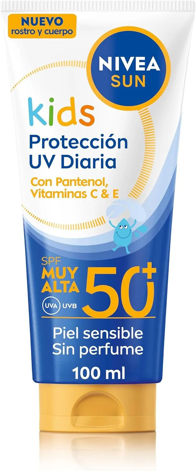 NIVEA ▫️ SUN Kids Proteção solar UV diária SPF 50+ - Protetor solar infantil para rosto e corpo - Extra resistente à água e ao suor - Pantenol, Vitaminas C e E - Sem perfume - Pele sensível - 100 ml