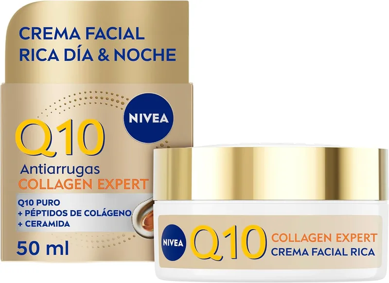 NIVEA ▫️ Q10 Anti-Rugas Collagen Expert - Creme de Rosto Rico Dia e Noite - Melhora a flacidez em 7 dias - Q10, péptidos de colagénio e ceramida - Rugas profundas - Pele muito seca e flácida - 50 ml