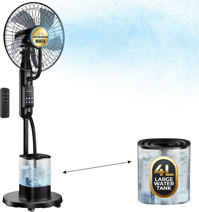 NebulaFlow ▫️ Ventilador de pé com água, tanque de água de 2026 Upgrade 4L, ventilador de pé 7,5H, 5 velocidades 3 modos, ventilador oscilante com controlo remoto para casa, quarto, escritório, terraço