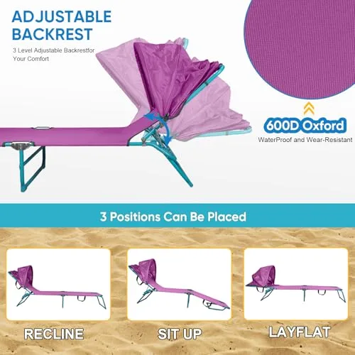 Northroad ▫️ Conjunto de 2 cadeiras de praia com toldo, cadeira de banhos de sol dobrável e ajustável em 4 posições, cadeira de banhos de sol resistente para exterior, para pátio, piscina, relvado, UPF 50+, roxo 4