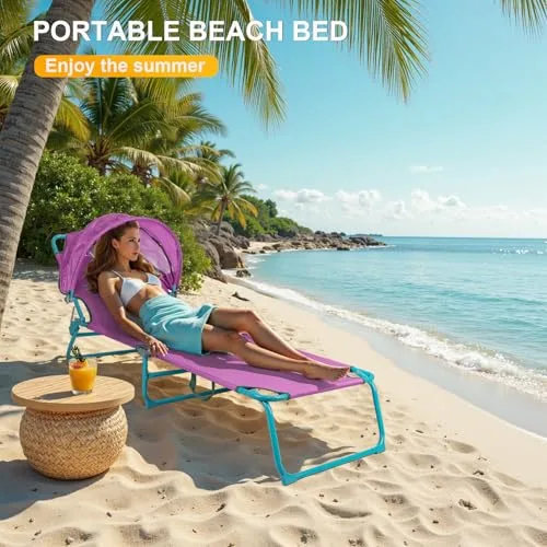 Northroad ▫️ Conjunto de 2 cadeiras de praia com toldo, cadeira de banhos de sol dobrável e ajustável em 4 posições, cadeira de banhos de sol resistente para exterior, para pátio, piscina, relvado, UPF 50+, roxo 5