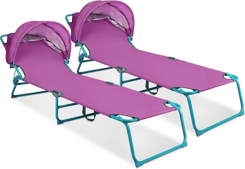 Northroad ▫️ Conjunto de 2 cadeiras de praia com toldo, cadeira de banhos de sol dobrável e ajustável em 4 posições, cadeira de banhos de sol resistente para exterior, para pátio, piscina, relvado, UPF 50+, roxo