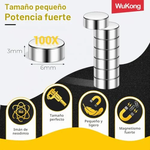 Wukong ▫️ Wzone 100 unidades de ímanes potentes, ímanes de neodímio de 6×3 mm para o frigorífico, pequenos ímanes redondos para quadros de avisos, fotografias e escritórios 2