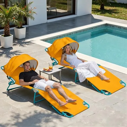 Northroad ▫️ Conjunto de 2 cadeiras de praia com toldo, cadeira de banhos de sol dobrável e ajustável em 4 posições, cadeira de banhos de sol resistente para exterior, para piscina, pátio, banhos de sol, relvado, UPF 2