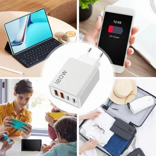 Genérico ▫️ Tomadas de parede, carregador rápido USB-C, adaptador de carregamento de 120 W, adaptador tecnológico para dispositivos móveis 4