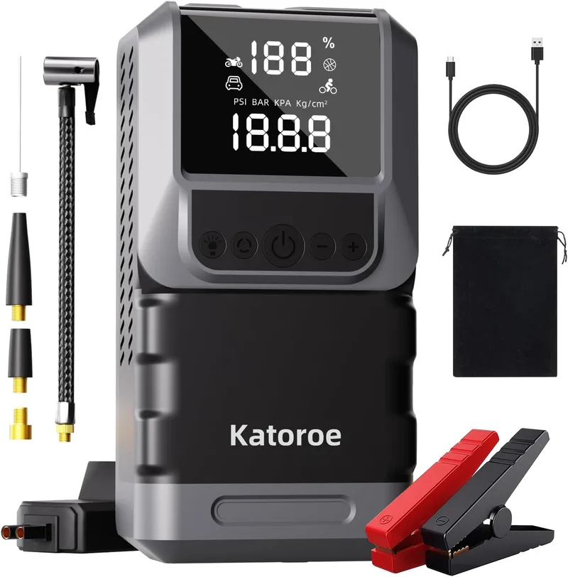 katoroe ▫️ Arrancador de carro 6000A com compressor, insuflador de pneus 150PSI, arrancador de bateria de carro (gasolina 10L ou gasóleo 8L), arrancador de 12V com ecrã LED, luz de emergência
