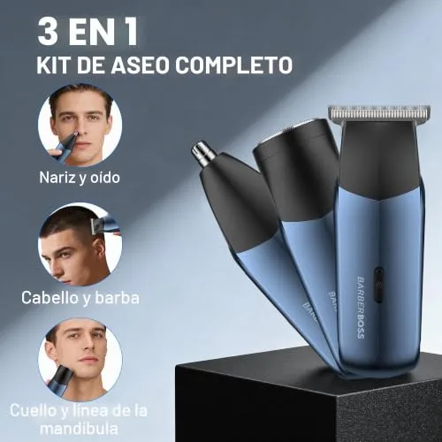 BARBERBOSS ▫️ Máquina de barbear elétrica 3 em 1 para homem, kit de aparador de viagem para homem, aparador de barba e cabelo, aparador de nariz e orelhas (Azul Marinho Metálico) 2