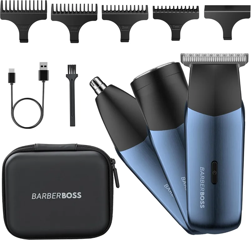 BARBERBOSS ▫️ Máquina de barbear elétrica 3 em 1 para homem, kit de aparador de viagem para homem, aparador de barba e cabelo, aparador de nariz e orelhas (Azul Marinho Metálico)