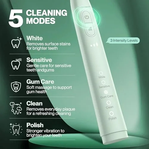 BARBERBOSS ▫️ Escova de dentes sónica para adultos, escova de dentes elétrica recarregável com 5 modos de limpeza, 3 níveis de intensidade e sensor de pressão inteligente (Verde) 2