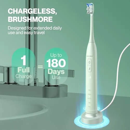 BARBERBOSS ▫️ Escova de dentes sónica para adultos, escova de dentes elétrica recarregável com 5 modos de limpeza, 3 níveis de intensidade e sensor de pressão inteligente (Verde) 6