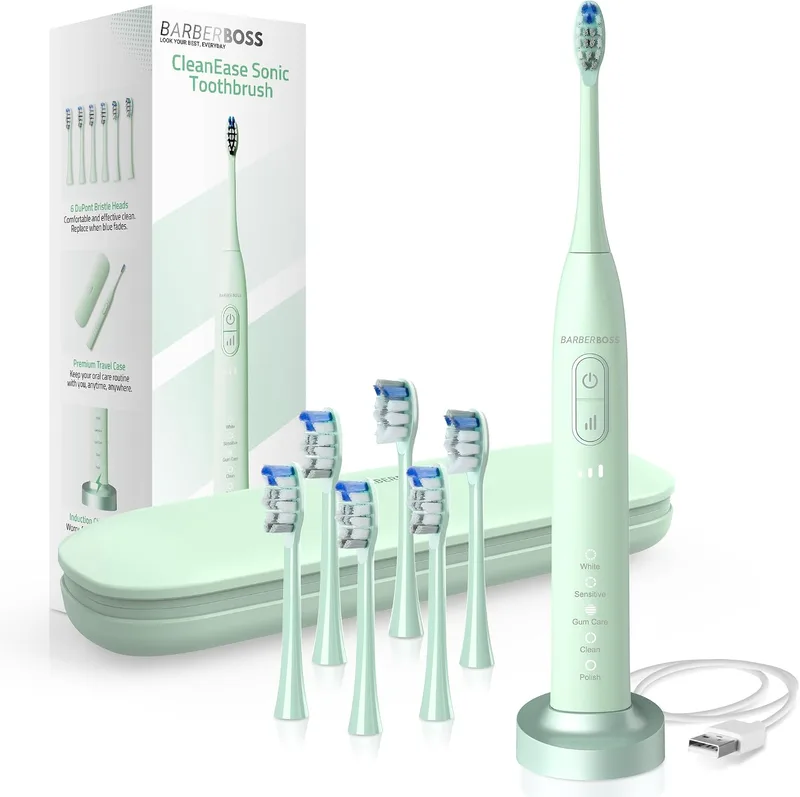 BARBERBOSS ▫️ Escova de dentes sónica para adultos, escova de dentes elétrica recarregável com 5 modos de limpeza, 3 níveis de intensidade e sensor de pressão inteligente (Verde)