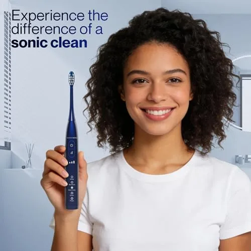 BARBERBOSS ▫️ Escova de dentes sónica para adultos, escova de dentes elétrica recarregável com 5 modos de limpeza, 3 níveis de intensidade e sensor de pressão inteligente (Azul-marinho) 4