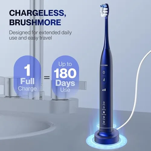 BARBERBOSS ▫️ Escova de dentes sónica para adultos, escova de dentes elétrica recarregável com 5 modos de limpeza, 3 níveis de intensidade e sensor de pressão inteligente (Azul-marinho) 6