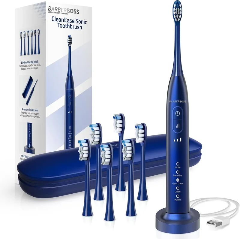 BARBERBOSS ▫️ Escova de dentes sónica para adultos, escova de dentes elétrica recarregável com 5 modos de limpeza, 3 níveis de intensidade e sensor de pressão inteligente (Azul-marinho)