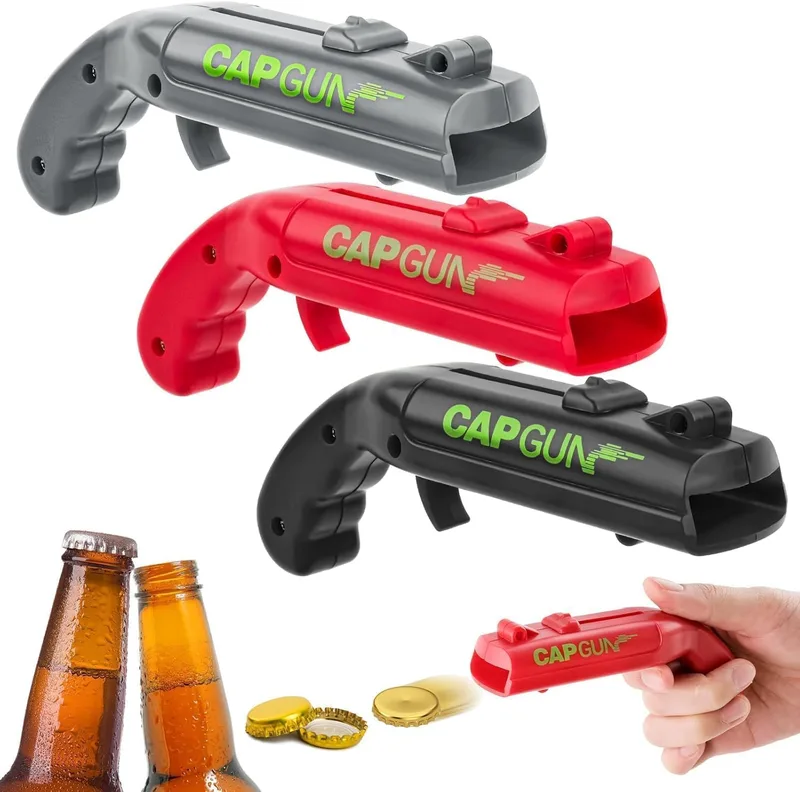 HGRGHH ▫️ Conjunto de 3 Abridores de Garrafas, Abridores de Cerveja Divertidos, Abridor de Cerveja em Forma de Pistola de Brincar para Festas em Casa, Churrascos ao Ar Livre, Conjunto Criativo, Presente Divertido (Vermelho + Cinzento + Preto)