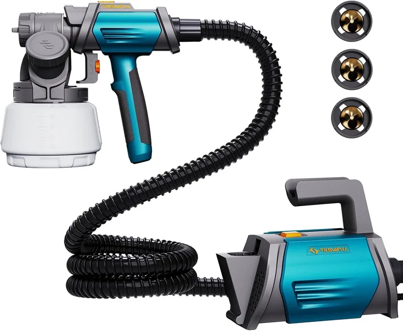 TILSWALL ▫️ Pistola de pintura pulverizador de tinta HVLP 800W, 4 bicos e 3 padrões, recipiente de tinta com recarga lateral, pistola de pintura 120 DIN-s, para vedações, jardim e mobiliário