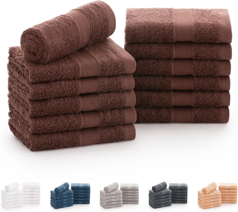 Todocama ▫️ Conjunto de 12 toalhas de mão (30x30 cm) 100% algodão macio e absorvente, 550 g/m² Premium, (Chocolate)