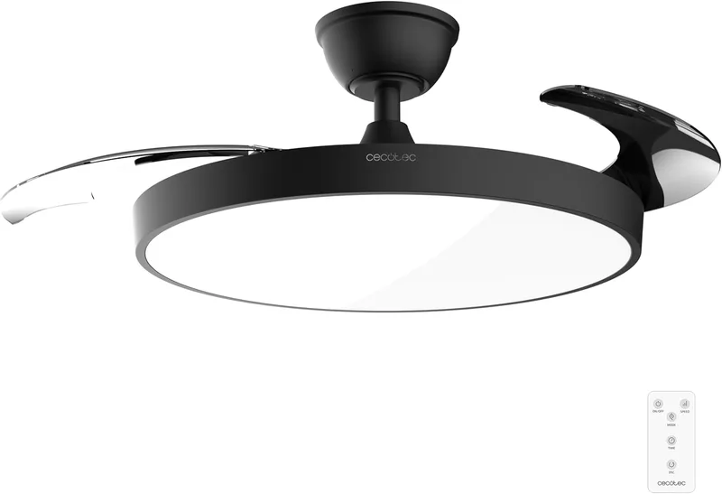 Cecotec ▫️ Ventilador de Teto com Luz e Lâminas Retrácteis EnergySilence Aero 300 Air Invisible Preto. 30W, Motor DC, Controlo Remoto, 6 Velocidades, Temporizador 4h, Função inverno-verão.
