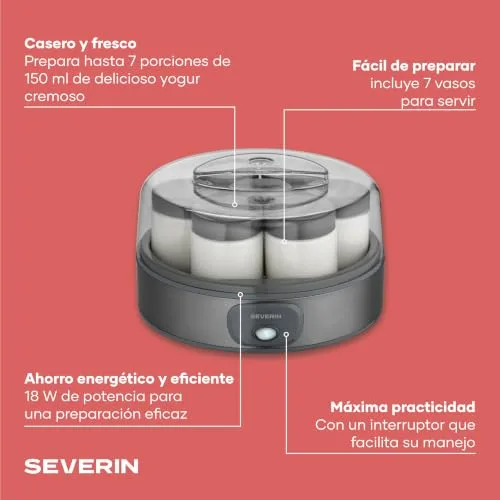 Severin ▫️ Máquina de iogurte inclui 7 potes de iogurte de 150 ml para 1 litro de iogurte caseiro, tampa transparente, estilo grego, interruptor basculante, 18 W, aço inoxidável escuro, JG 3510 2