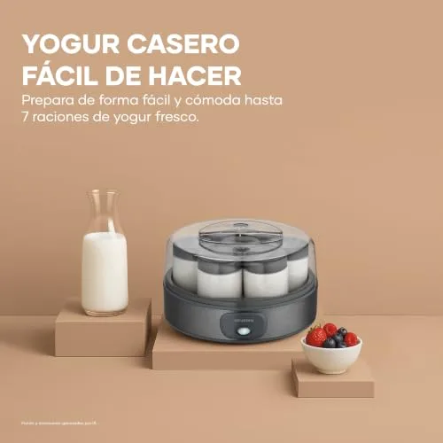 Severin ▫️ Máquina de iogurte inclui 7 potes de iogurte de 150 ml para 1 litro de iogurte caseiro, tampa transparente, estilo grego, interruptor basculante, 18 W, aço inoxidável escuro, JG 3510 3