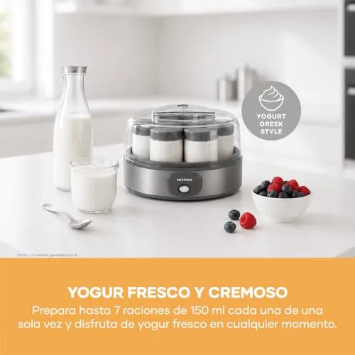 Severin ▫️ Máquina de iogurte inclui 7 potes de iogurte de 150 ml para 1 litro de iogurte caseiro, tampa transparente, estilo grego, interruptor basculante, 18 W, aço inoxidável escuro, JG 3510 4