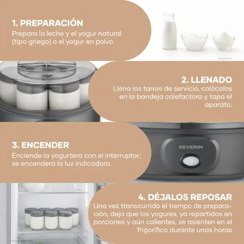 Severin ▫️ Máquina de iogurte inclui 7 potes de iogurte de 150 ml para 1 litro de iogurte caseiro, tampa transparente, estilo grego, interruptor basculante, 18 W, aço inoxidável escuro, JG 3510 5