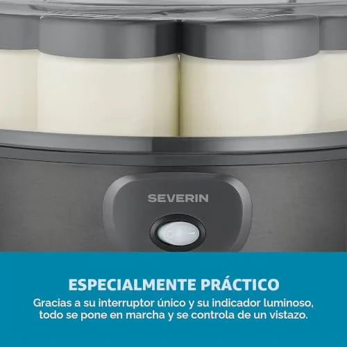 Severin ▫️ Máquina de iogurte inclui 7 potes de iogurte de 150 ml para 1 litro de iogurte caseiro, tampa transparente, estilo grego, interruptor basculante, 18 W, aço inoxidável escuro, JG 3510 6