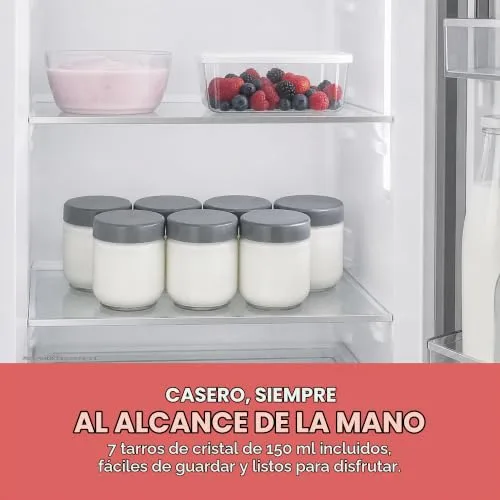Severin ▫️ Máquina de iogurte inclui 7 potes de iogurte de 150 ml para 1 litro de iogurte caseiro, tampa transparente, estilo grego, interruptor basculante, 18 W, aço inoxidável escuro, JG 3510 7