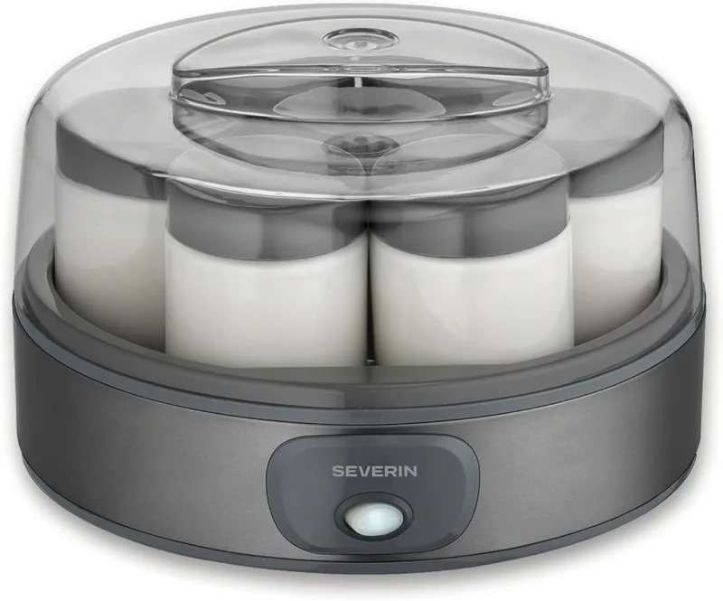 Severin ▫️ Máquina de iogurte inclui 7 potes de iogurte de 150 ml para 1 litro de iogurte caseiro, tampa transparente, estilo grego, interruptor basculante, 18 W, aço inoxidável escuro, JG 3510