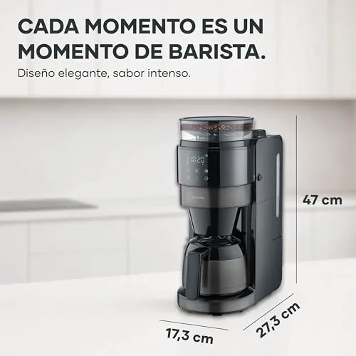 Severin ▫️ Cafeteira de gotejamento com jarro térmico e moedor, capacidade de 1 L, até 8 chávenas, sistema anti-gotejamento, aroma intenso, desligamento automático, ecrã LED, 900 W, aço inoxidável escuro, preto, KA 4831 2