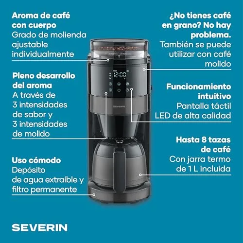 Severin ▫️ Cafeteira de gotejamento com jarro térmico e moedor, capacidade de 1 L, até 8 chávenas, sistema anti-gotejamento, aroma intenso, desligamento automático, ecrã LED, 900 W, aço inoxidável escuro, preto, KA 4831 3