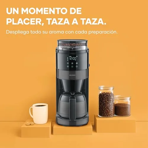 Severin ▫️ Cafeteira de gotejamento com jarro térmico e moedor, capacidade de 1 L, até 8 chávenas, sistema anti-gotejamento, aroma intenso, desligamento automático, ecrã LED, 900 W, aço inoxidável escuro, preto, KA 4831 4