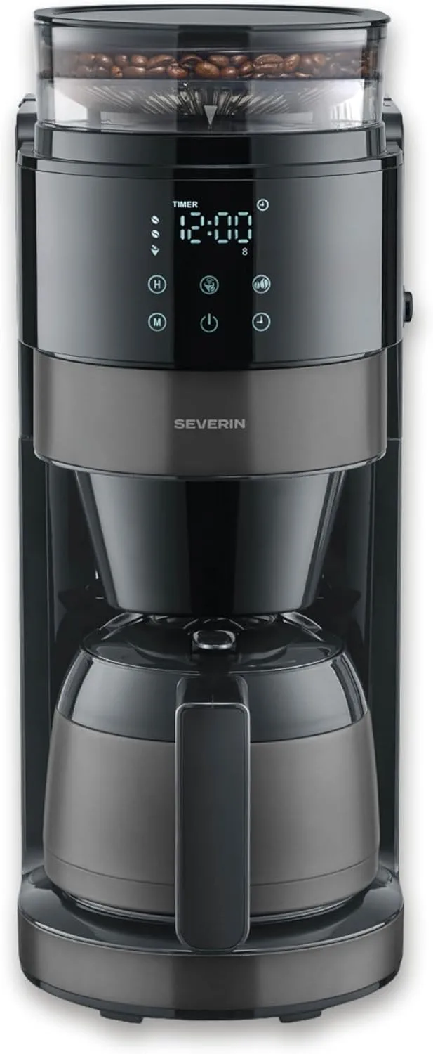 Severin ▫️ Cafeteira de gotejamento com jarro térmico e moedor, capacidade de 1 L, até 8 chávenas, sistema anti-gotejamento, aroma intenso, desligamento automático, ecrã LED, 900 W, aço inoxidável escuro, preto, KA 4831