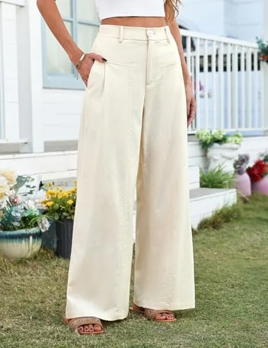 heekpek ▫️ Calças de linho para mulher Calças de verão para mulher, casuais, esvoaçantes, compridas, de cintura alta, com elástico e botões, confortáveis, largas, com bolsos, estilo palazzo 2