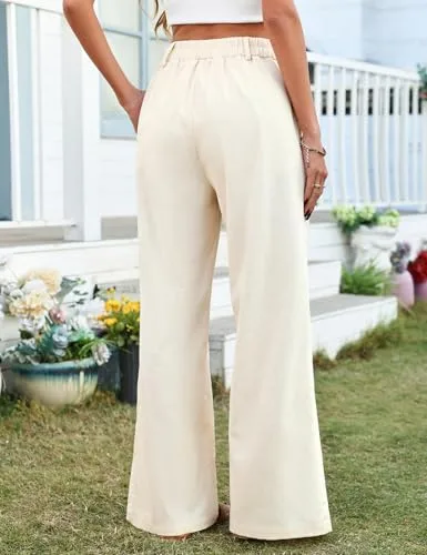 heekpek ▫️ Calças de linho para mulher Calças de verão para mulher, casuais, esvoaçantes, compridas, de cintura alta, com elástico e botões, confortáveis, largas, com bolsos, estilo palazzo 3